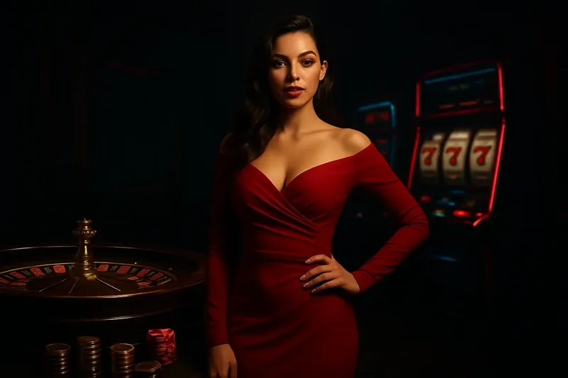 Elegant Casino Banner Beautiful woman in red dress posing confidently near roulette and slot machines in luxury Bangladesh casino with neon accents and gold coins
