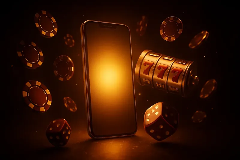 Glowing Smartphone Casino Banner Panoramic banner with glowing smartphone, casino chips, slot reels, and dice on dark luxurious background